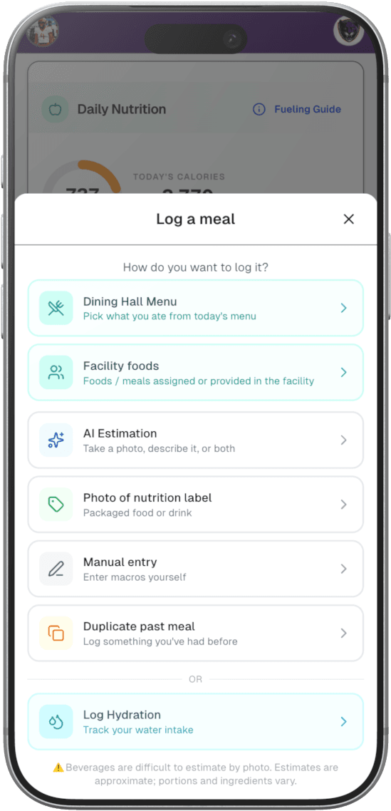 Athlete app log-a-meal sheet offering the dining hall menu, facility foods, AI estimation from a photo or description, a nutrition label photo, manual entry and duplicating a past meal
