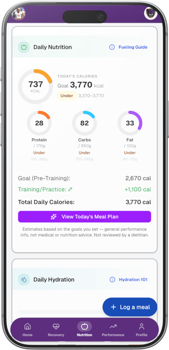 Athlete nutrition screen in the APEX app showing daily calorie and macro rings against goal, the calories practice adds, and a log-a-meal button