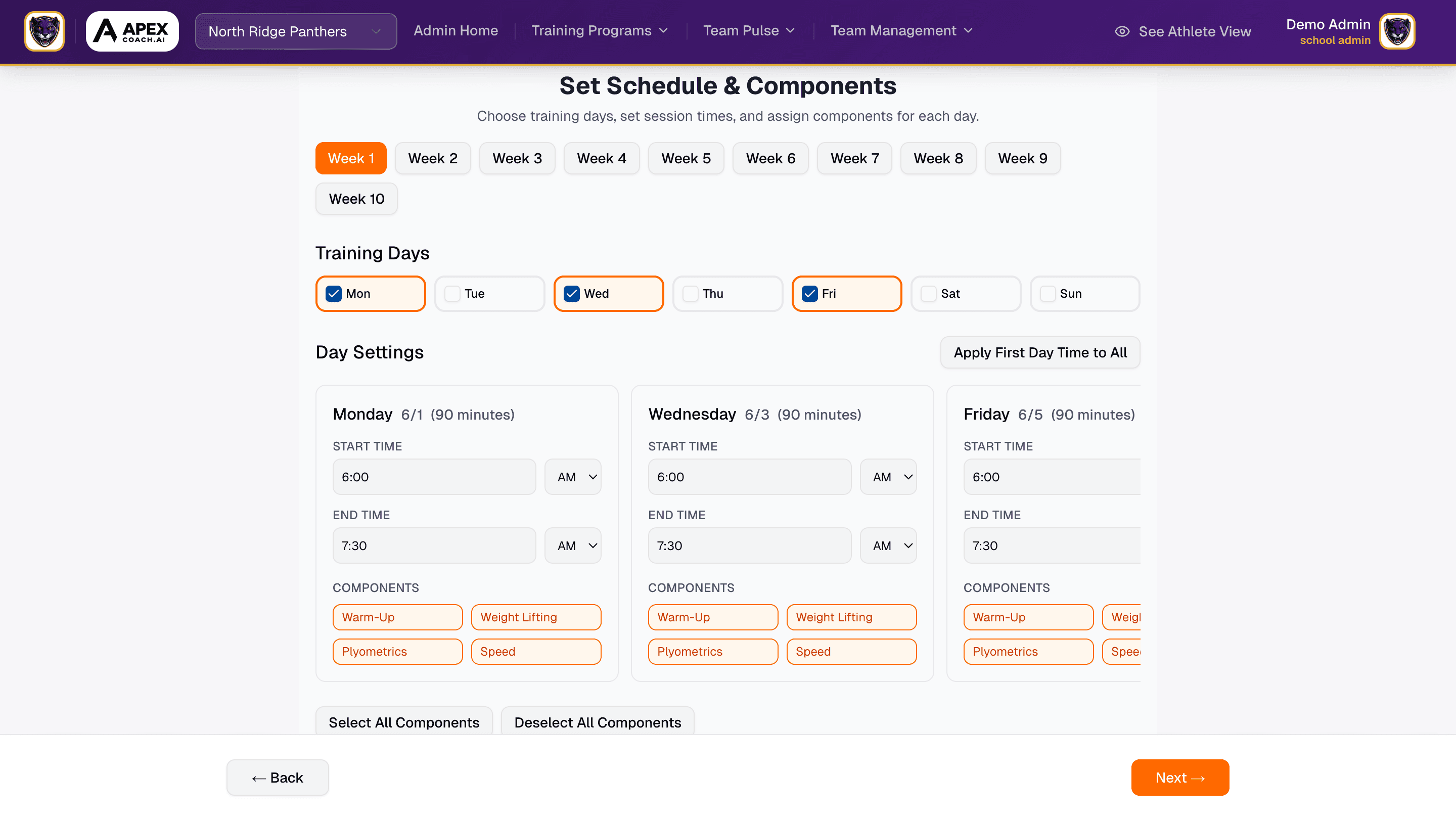 Training program builder showing schedule setup with training days and session components