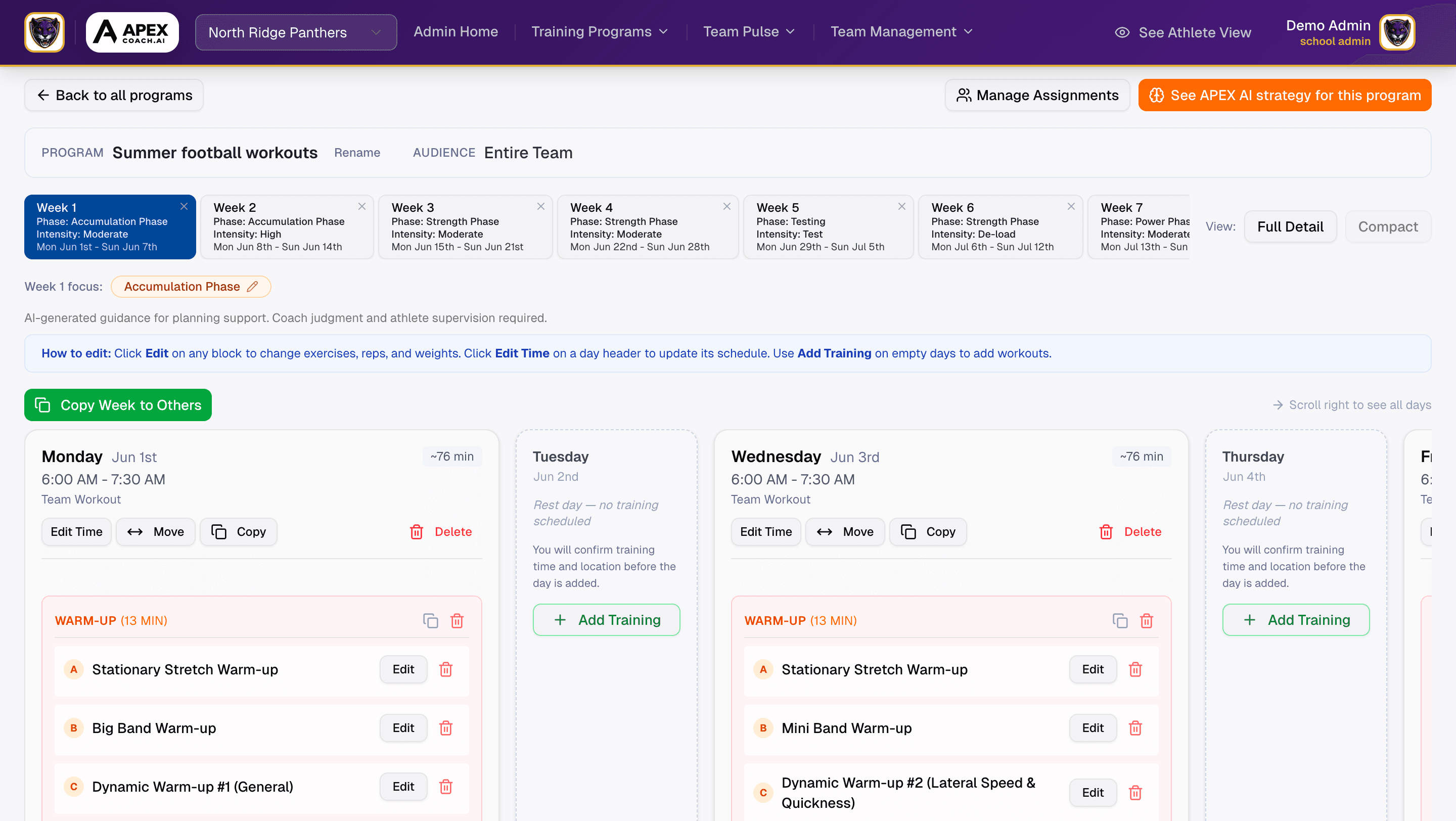 Program overview showing a full multi-week training program calendar