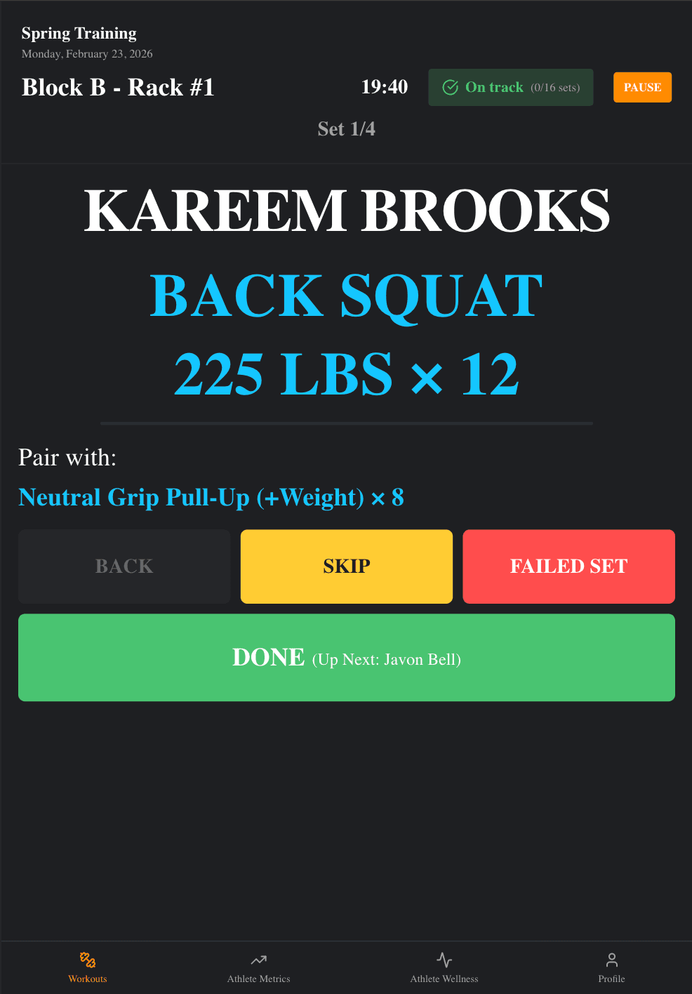 Athletes log sets in real time at the rack