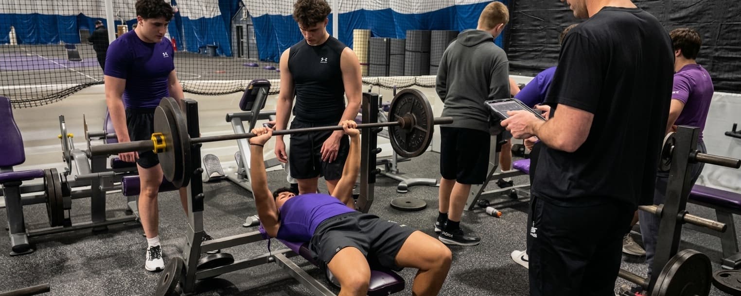 CBA athletes spot a bench press while a coach follows the workout on an iPad