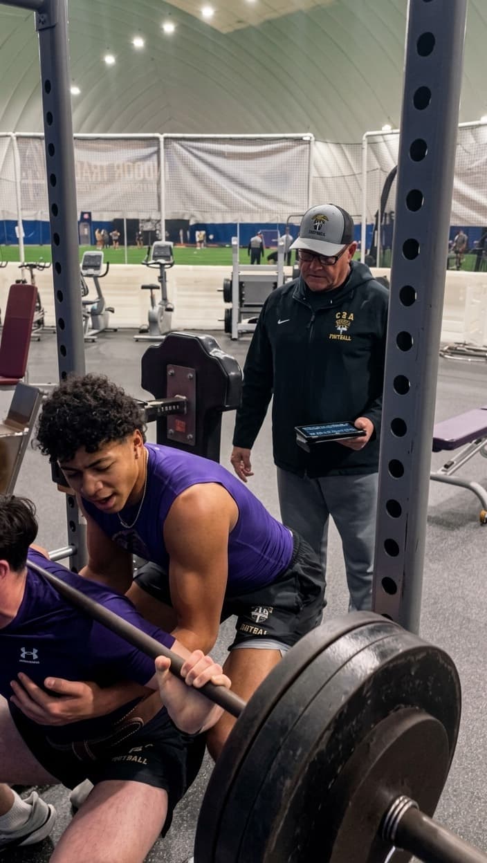 A CBA coach follows the workout on an iPad while athletes squat