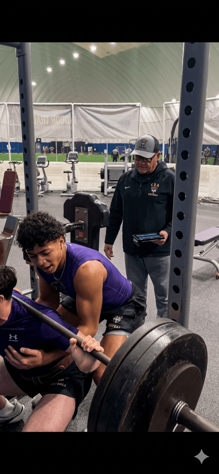 CBA coach tracking athlete lifts on iPad during bench press