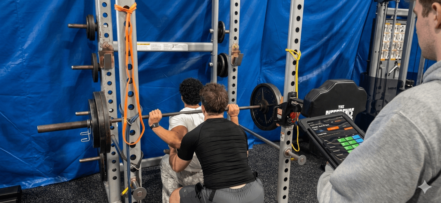 CBA athlete squatting with APEX on rack-mounted iPad