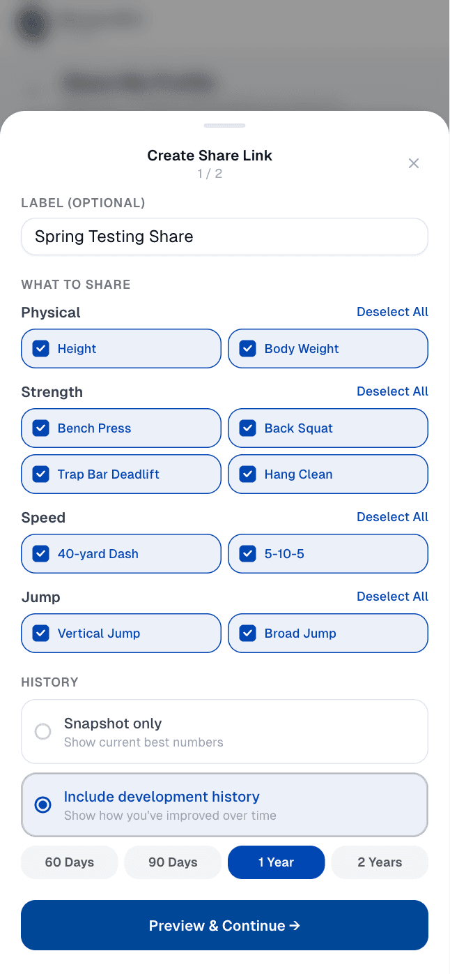 Athlete app share screen: choose strength, speed and jump results to share, with the option to include development history over 60 days to 2 years