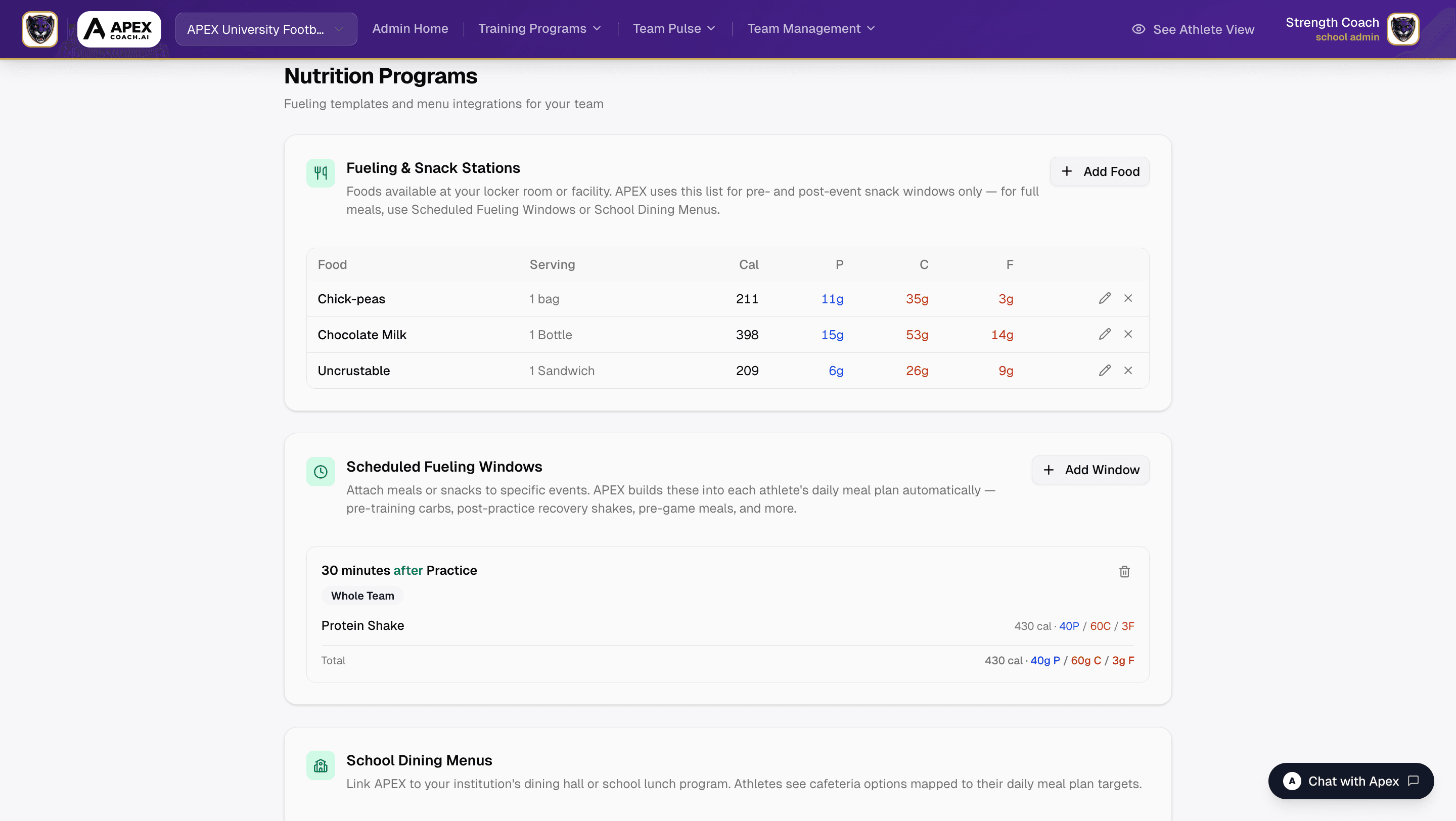 Fueling windows, training table foods, and dining hall menus